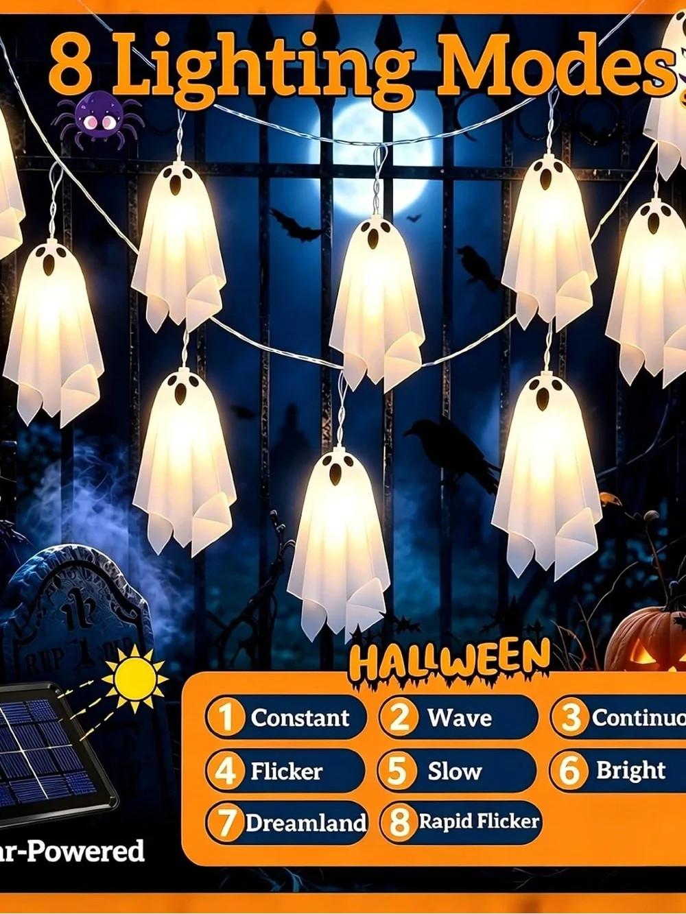 LED Solar Ghost String Lights - White Halloween Hanging Decor